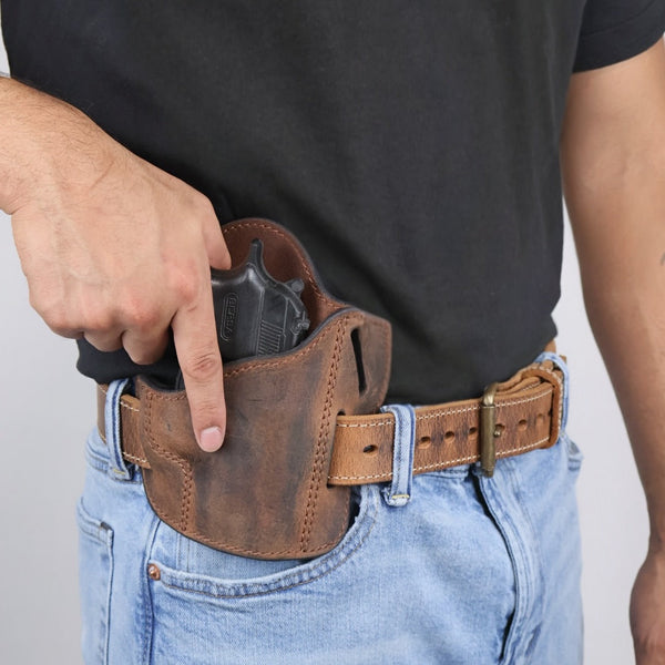 Reinforced Steel Core Holster Belt & Leather Pancake Holster Set - Distressed Brown