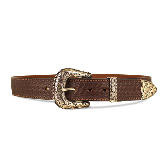 Brown Western Basketweave Belt - Leather Basketweave Belt with Western Buckle 1.50"