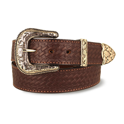 Brown Western Basketweave Belt - Leather Basketweave Belt with Western Buckle 1.50"