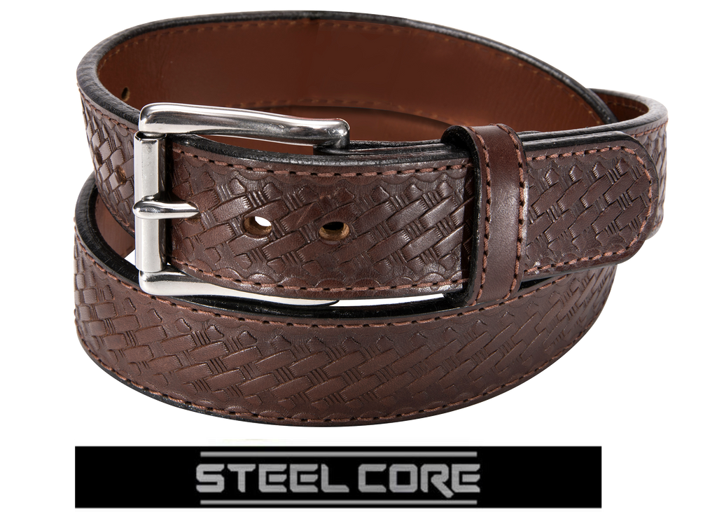 Brown Basketweave Steel Core Bullbelt® : Men's Basketweave Leather with Steel Core Belt 1.50