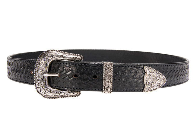 Black Western Basketweave Belt - Leather Basketweave Belt with Western Buckle 1.50"