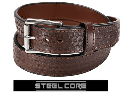 Brown Basketweave Steel Core Bullbelt® : Men's Basketweave Leather with Steel Core Belt 1.50"