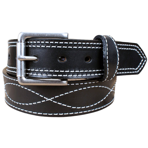 Men's Black Figure 8 White Stitched Leather Belt 1.50"