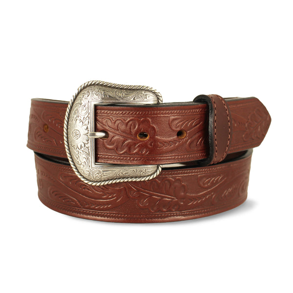 Brown Western Oak Leaf Pattern Leather Belt - 1.5"