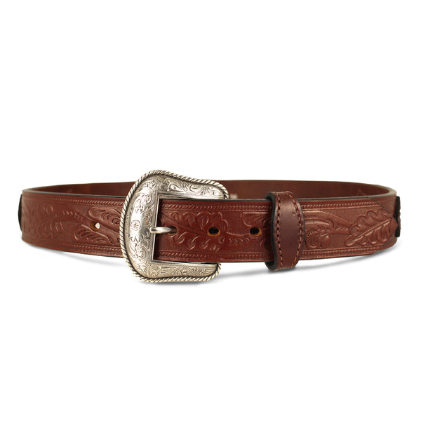 Black Western Oak Leaf Pattern Leather Belt - 1.5"