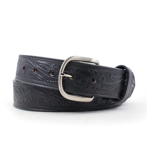 Oak Leaf Pattern Black Leather Belt - 1.5"