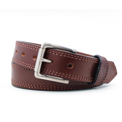 Men's Brown Double Stitched Casual Leather Belt - 1.5"