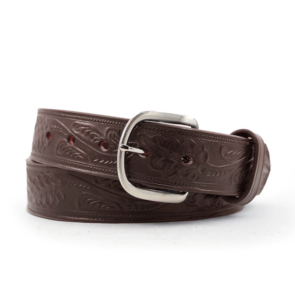 Oak Leaf Pattern Brown Leather Belt - 1.5"