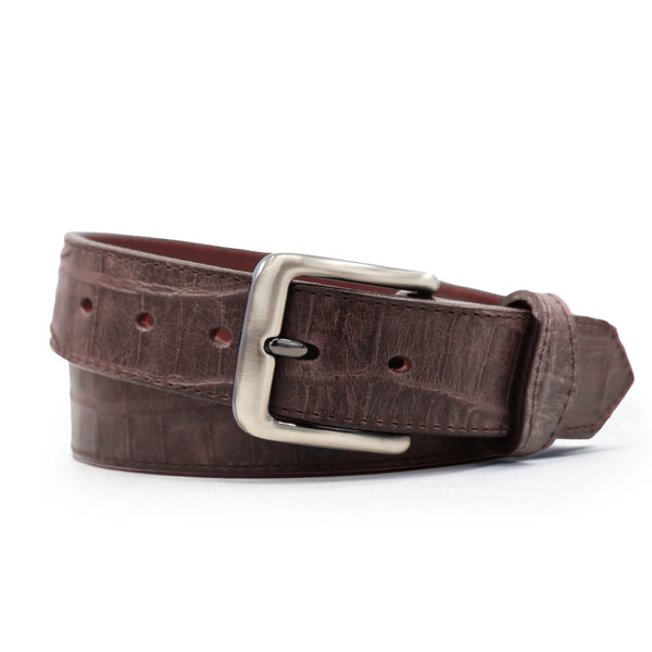 Embossed Brown Gator with Scallop Detail Dress Belt - 1.5"