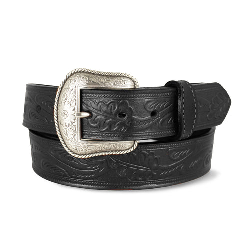 Black Western Oak Leaf Pattern Leather Belt - 1.5"