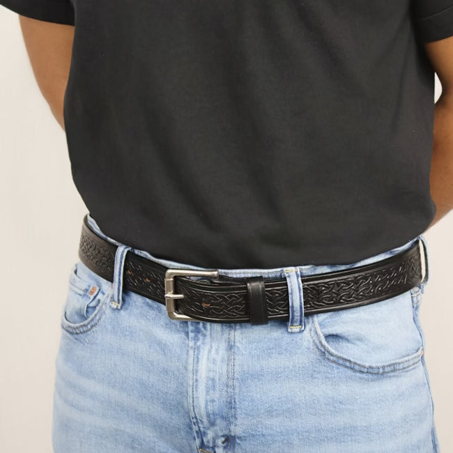 Black Celtic Belt : Leather Belt with Celtic Design 1.50"
