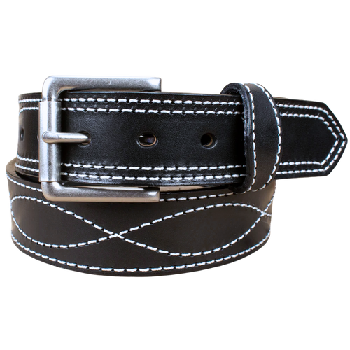 Men's Black Figure 8 White Stitched Leather Belt 1.50"