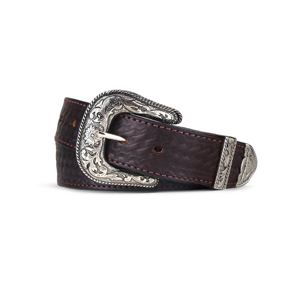 Brown Western Basketweave Belt - Leather Basketweave Belt with Western Buckle 1.50"