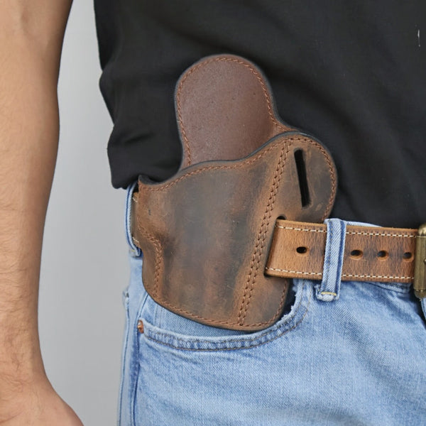 Reinforced Steel Core Holster Belt & Leather Pancake Holster Set - Distressed Brown
