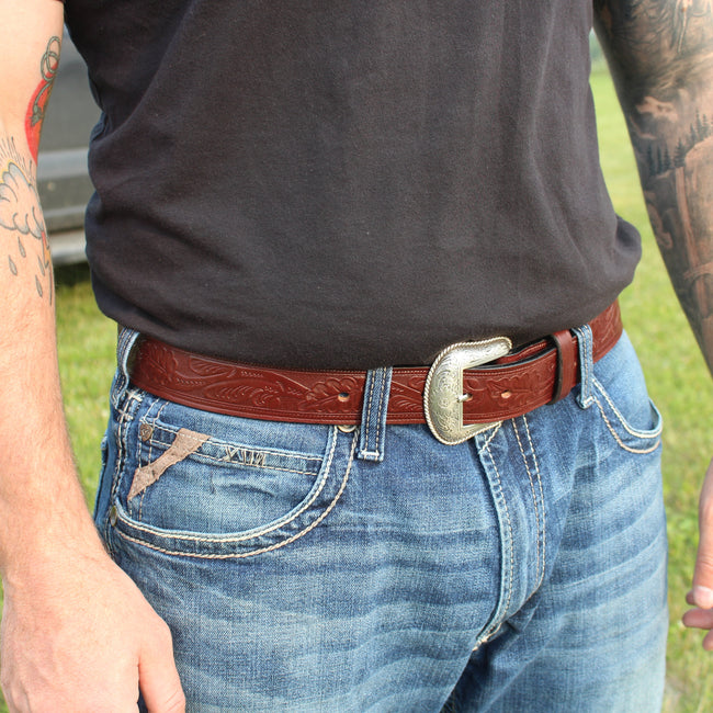 Western Oak Leaf Pattern Leather Belt - 1.5"