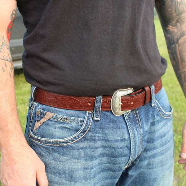 Western Oak Leaf Pattern Leather Belt - 1.5"