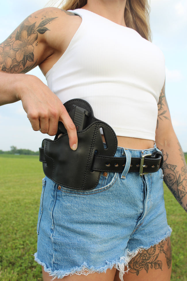 3 Slot Pancake Belt Holster - Fits Glock/S&W Shield/XD + Similar Sizes - Premium Leather - Made in the USA