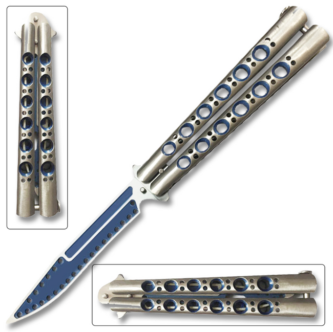 Butterfly Knife with Drop Point Sharp Edge - Blue/Silver