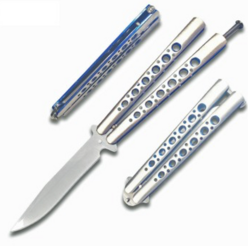 Butterfly Knife with Drop Point Sharp Edge - Blue/Silver