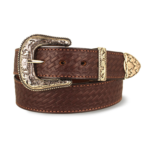 Brown Western Basketweave Bullbelt® - Leather Basketweave Belt with Western Buckle 1.50"