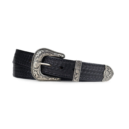 Black Western Basketweave Belt - Leather Basketweave Belt with Western Buckle 1.50"