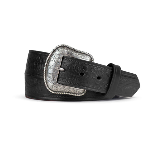 Black Western Oak Leaf Pattern Leather Belt - 1.5"